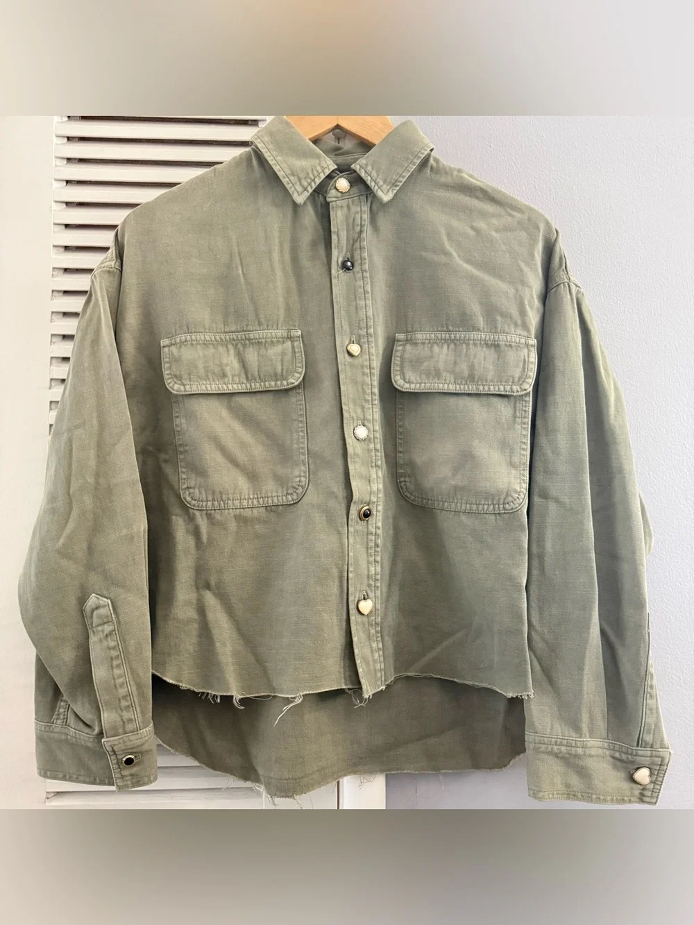 AMO Olive Green Cropped Oversized Style Cotton Linen Button-Up Shirt - Picture 2 of 12
